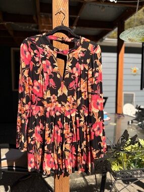 Free People Black Long-Sleeve Floral Pleated Dress with Pink & Orange Blooms